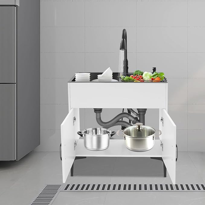 Laundry Sink Cabinet with Stainless Steel Sink and Pull-Out Faucet, Large Utility Sink Cabinet,Stainless Steel Utility Sink with Cabinet and Drawer Combo, for Laundry & Utility Room (White)