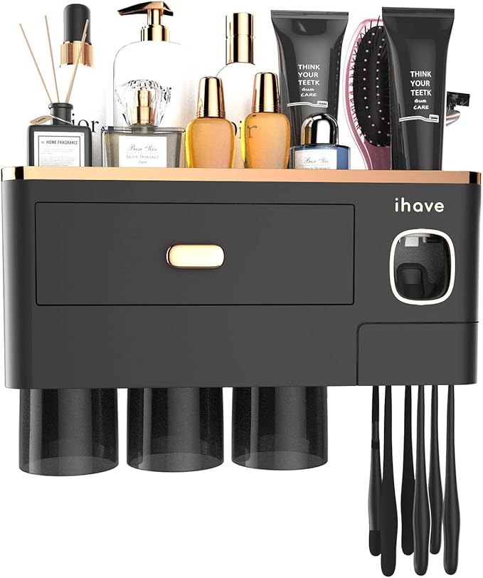 iHave Toothbrush Holders for Bathrooms - Upgrade Wall Mounted Toothbrush Holder with Toothpaste Dispenser - 3 Cups, Large Capacity Tray - Bathroom Accessories & Bathroom Storage