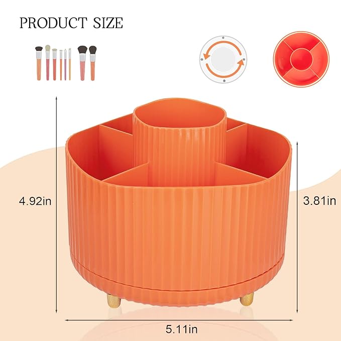 Anyoifax 360° Rotating Makeup Brush Holder Organizer, Make up Brushes Cup for Vanity, 5 Slot Spinning Makeup Organizers for Cosmetics, Lipstick, Pen, Orange
