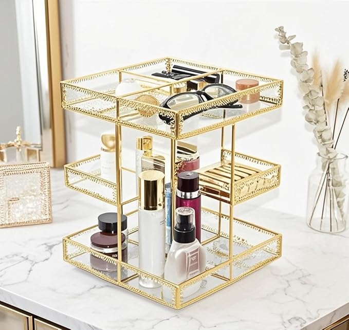 4-Tier Golden 360 Degree Rotation Cosmetic Organizer -Premium Spinning Perfume Tray,Large Capacity Beauty Display for Countertop,Vanity or Bathroom Dorm Room-Tempered Glass&Sturdy Metal