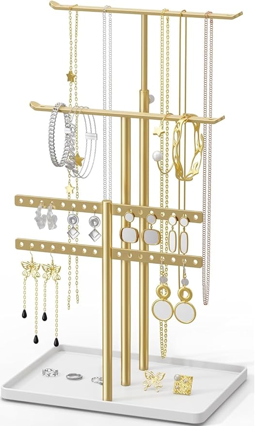Jewelry Holder Organizer Stand - Adjustable Jewelry Tree 17.5" Height (Max), Jewlery Hanger for Necklaces, Bracelets, Earrings, Aesthetic for Storage and Display, Metal, Gold and White