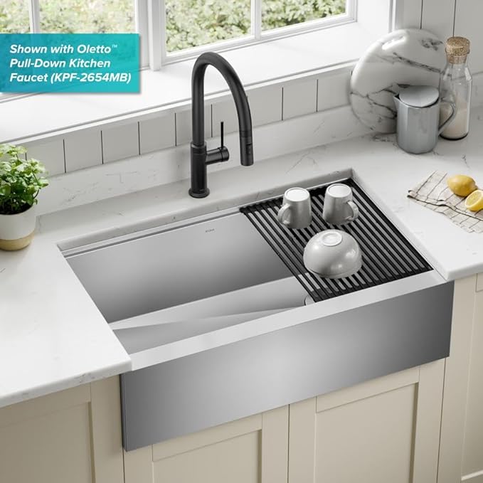 Kraus Kore 33-Inch Farmhouse Workstation with In Sink Dish Drying Rack, Stainless Steel Kitchen Sink, KWF410-33