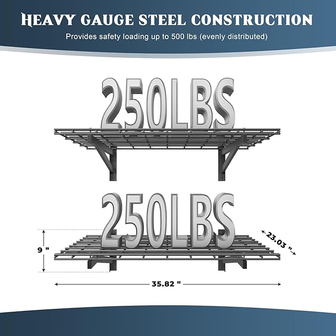 2 Pack Heavy Duty Garage Wall Shelving Set, 2x3ft, Black, Wall Mounted, Traditional Style, 2 Shelves, 500lbs Capacity