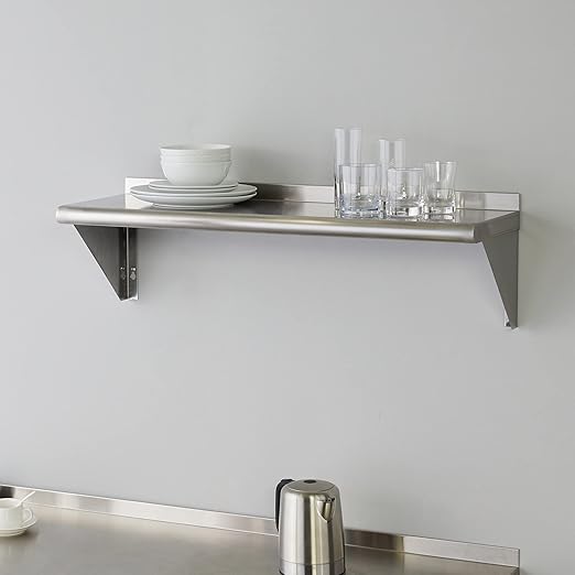 ROCKPOINT Stainless Steel Shelf 12 x 36 Inches 300lb, NSF Metal Commercial Shelves Wall Mount Floating Shelving with Backsplash for Restaurant, Kitchen, Home and Hotel, Silver
