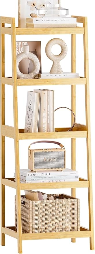 SMIBUY Bamboo Ladder Bookcase, Bathroom Storage Rack Organizer, 4 Tier and 5 Tier Freestanding Plant Display Stand Space Saver Shelves for Bedroom, Kitchen, Balcony (Natural, 5 Tiers (50" H))