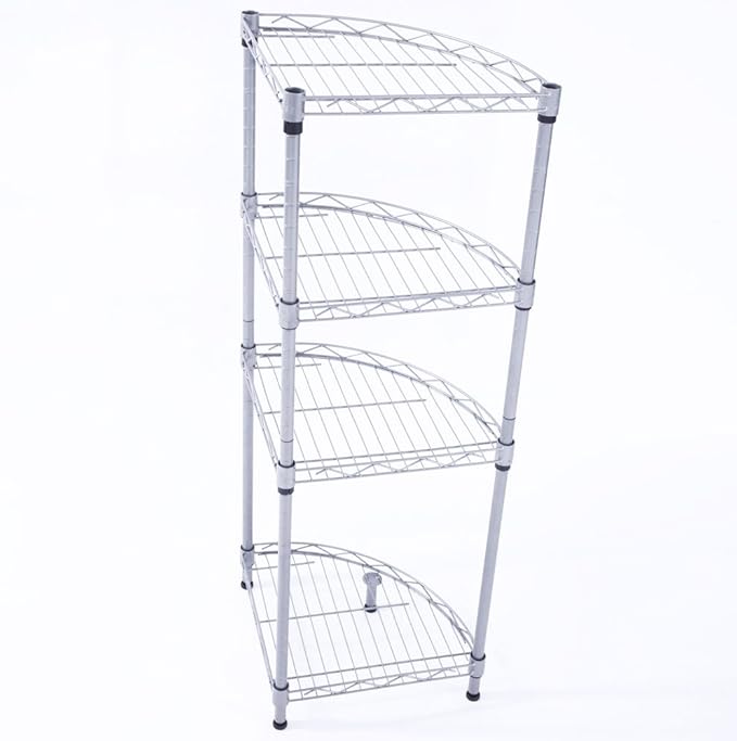 4-Tier Carbon Steel Corner Storage Rack, Adjustable Metal Shelf Organizer with Mesh Design for Kitchen, Bathroom, Office, or Living Room – Silver Gray
