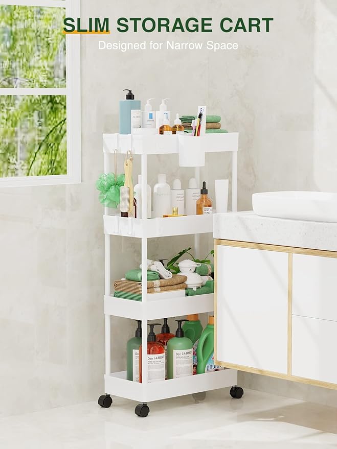 LEHOM Slim Rolling Storage Cart - 4 Tiers Bathroom Organizer Utility Cart Slide Out Storage Shelves Mobile Shelving Unit for Kitchen, Bedroom, Office, Laundry Room, Small Narrow Spaces (Pear White)