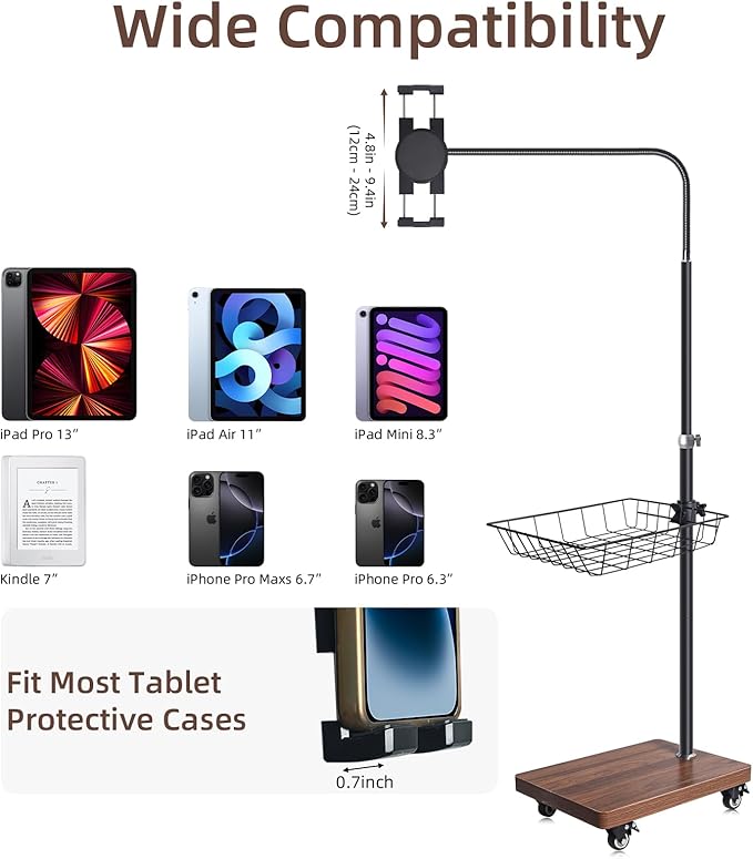 wishacc Adjustable Floor Tablet Stand with Rolling Base, Flexible Gooseneck Mount, Wood Platform, Mobile Device Holder for Indoor Use