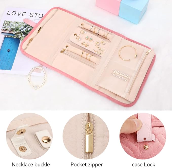 Voova Travel Jewelry Holder Organizer Case, Large Jewelry Storage Bag for Women Girls, Foldable Traveling Jewellery Pouch Roll for Necklaces Rings Earrings Bracelets, Pink