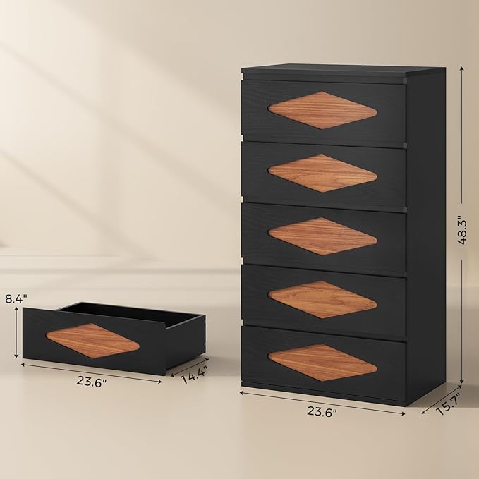 Tall Dresser for Bedroom, 5 Chest of Wooden Drawers, Vintage Dresser, Closet Storage Dressers Organizer for Bedroom, Living Room, Hallway (Black+Brown)