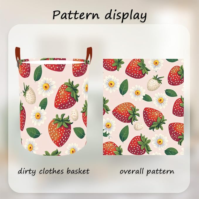 Laundry Baskets 15.7x19.7 Inch Large Strawberry Daisy Design Collapsible Laundry Hamper with Handles Oxford Fabric Clothes Storage Bin Foldable Dirty Clothes Organizer for Bedroom Bathroom Dorm