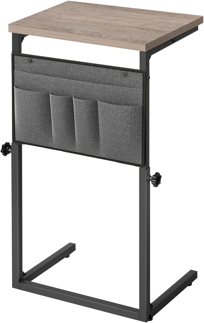 HOOBRO C Shaped End Table, 29.5’’ Adjustable Height Side Table with Storage Pockets, Couch Table Slide Under for Sofa, Small Space, for Living Room, Bedroom, Greige and Black BG77SF01