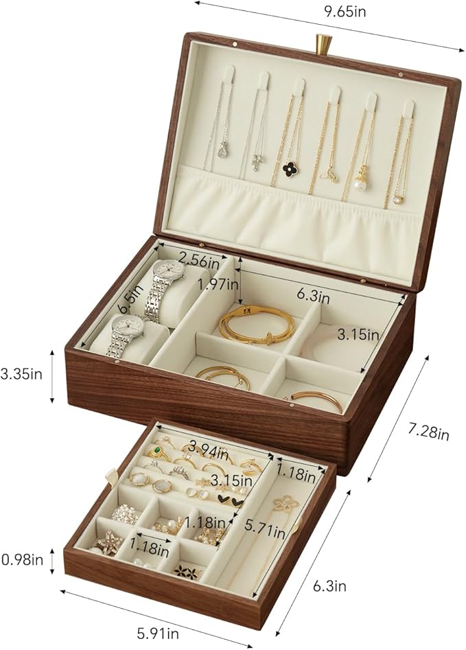 Black Walnut Wood Jewelry Box With Velvet Lining,Personalized Ring and Necklace Box for Women and Girls,Brass Handle (No lock)