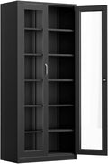 VINGLI Lockable Display Cabinet with Glass Doors & 5 Adjustable Shelves, 71" Tall Black Metal Storage Cabinet Curio Liquor, Bookshelf Bookcase for Home Office Living Room Pantry Garage