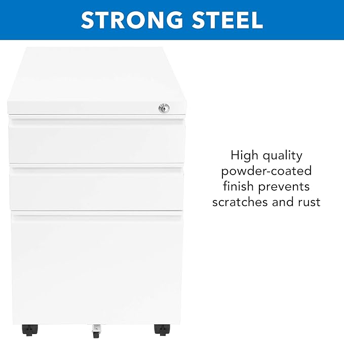 Mount-It! 3 Drawer Cabinet for Under Desk with Wheels | Rolling Storage with Lock for Supplies, Files, and Materials, Mobile Space Saving for Home and Office (White)