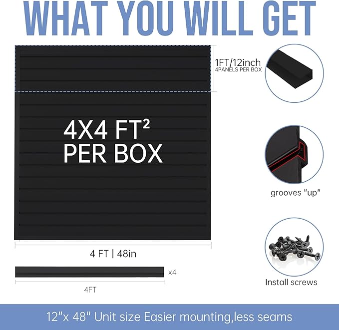 Slatwall Panels 4'x 4' Garage Slat Wall Storage Systems, Slat Wall Paneling Garage Wall Organizer, Black Slat Board PVC Wall Panels Slatwall Displays Garage Tool Organizer Wall Mount Ladder Bike Rack