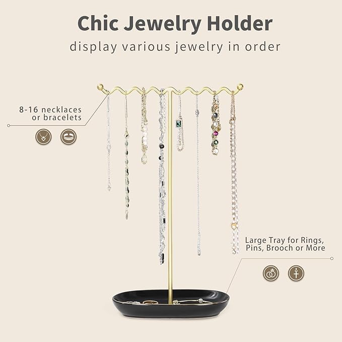 Elegant Jewelry Holder Stand: Metal Tree & Ceramic Tray Organizer for Necklaces, Rings, Earrings - Durable, Rustproof Display Holder Easy to Access Deluxe Black