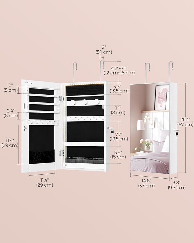 SONGMICS Mirror Jewelry Cabinet Armoire with Built-in LED Lights, Wall or Door Mounted Jewelry Storage Organizer, 3.8 x 14.6 x 26.4 Inches Hanging Mirror Cabinet, Christmas Gift Idea, White UJJC050W01