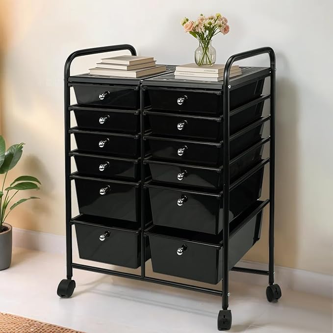 Multipurpos 12 Drawers Rolling Storage Cart With Drawers, Black Plastic Storage Trolley, Rolling Carts With Wheels, Craft Corner Storage Organizer for Kitchen Bathroom Garage Office Salon Shop