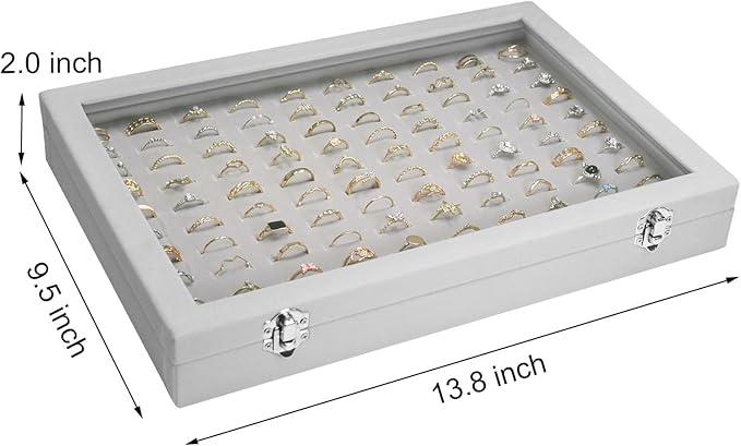 Velvet Ring Display Tray Organizer Box with Transparent Lid, 100 Slot Ring Holder Showcase For Store Display Jewelry Show Home, Ring Organizer For Rings Earrings (Grey)