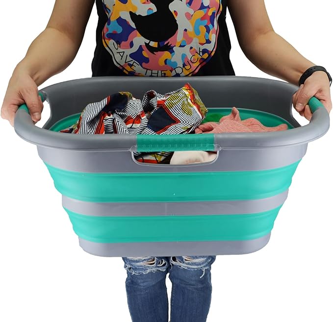 SAMMART 30L (7.9 gallon) Collapsible Plastic Laundry Basket - Foldable Pop Up Storage Container/Organizer - Portable Washing Tub - Space Saving Hamper/Basket (1, Dark Grey/Bluish-Green)