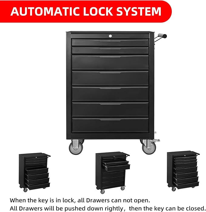 7-Drawer Rolling Tool Chest Cabinet, Large Capacity Metal Tool Box with Wheels and Cylinder Locking, Roll Around Storage Organizer Tool Cart for Garage, Warehouse, Work Shop - Black