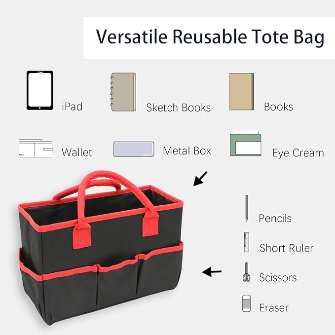 Cupohus Art Organizer Craft Storage Tote Bag with Pockets and Hadles, Oxford Fabric Carrying Caddy for Teacher, Officer, Artist, Students, Traveler, and more – Black with Red Edge