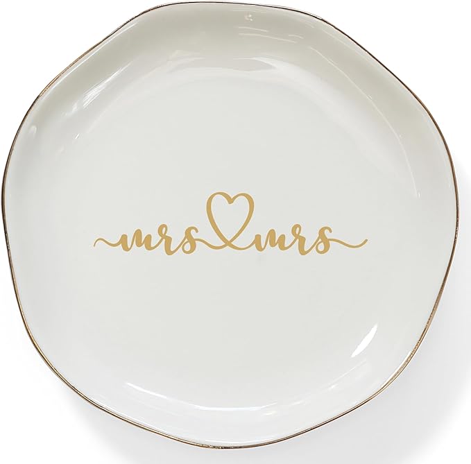 HOME SMILE Mrs and Mrs Gifts，Wedding Gifts for Couples,Ring Dish,Ceramic White