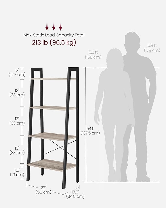 VASAGLE Ladder Shelf, 4-Tier Bookshelf, Storage Rack, Bookcase with Steel Frame, for Living Room, Home Office, Kitchen, Bedroom, Industrial Style, Heather Greige and Ink Black ULLS44MB