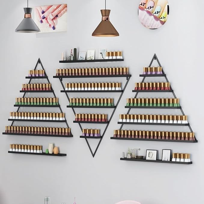Elegant Gold Wall Mounted Nail Polish Rack - Set of 6 Triangular Cosmetic Display Shelves for Essential Oil Bottles, Organize Your Lipsticks and Perfumes in Style at Home or Salon (Black)