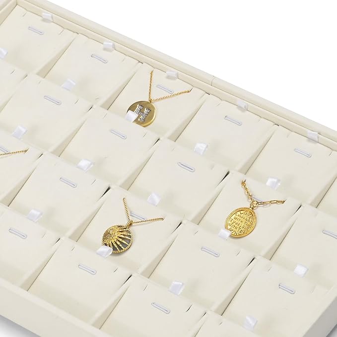 Beige Jewelry Necklace Display Tray 24 Grids Pendant Earrings Necklace Organizer Display Showcase Microfiber Jewelry Storage Tray