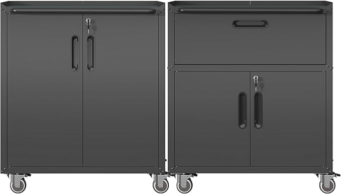 Metal Tool Cabinet,Garage Storage Cabinet System,Wall Cabinet & Locking Rolling Tool Cabinet with Doors and Adjustable Shelves,Steel Tool Cabinets for Home (2 Pcs-StyleB, Black)