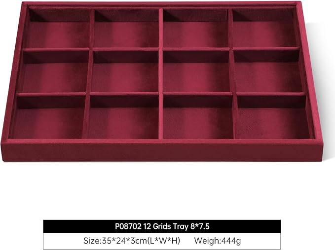 Velvet Stackable Jewelry Display Tray, 12 Grid Watch Bangle Bracelet Storage Tray, Makeup Drawer Insert Jewelry Shop Organizer Plate (Red)
