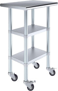 AmGood Stainless Steel Work Table with 2 Shelves and Casters | Metal Utility Table On Wheels (Stainless Steel Work Table with 2 Shelves + Casters, 24" Long x 18" Deep)