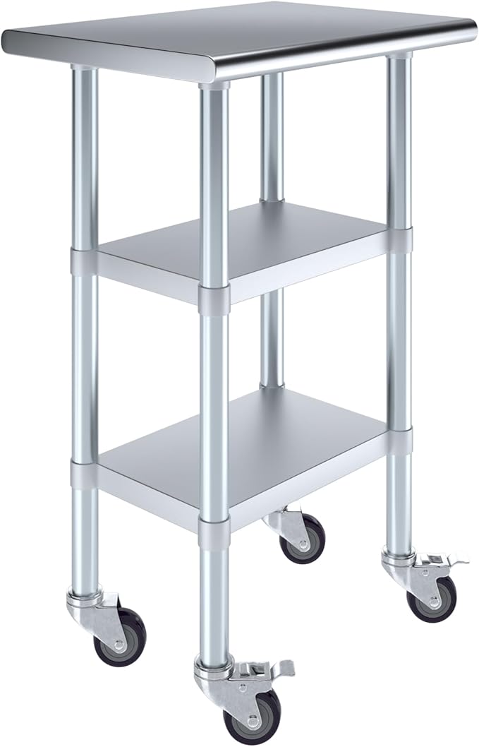 AmGood Stainless Steel Work Table with 2 Shelves and Casters | Metal Utility Table On Wheels (Stainless Steel Work Table with 2 Shelves + Casters, 24" Long x 18" Deep)