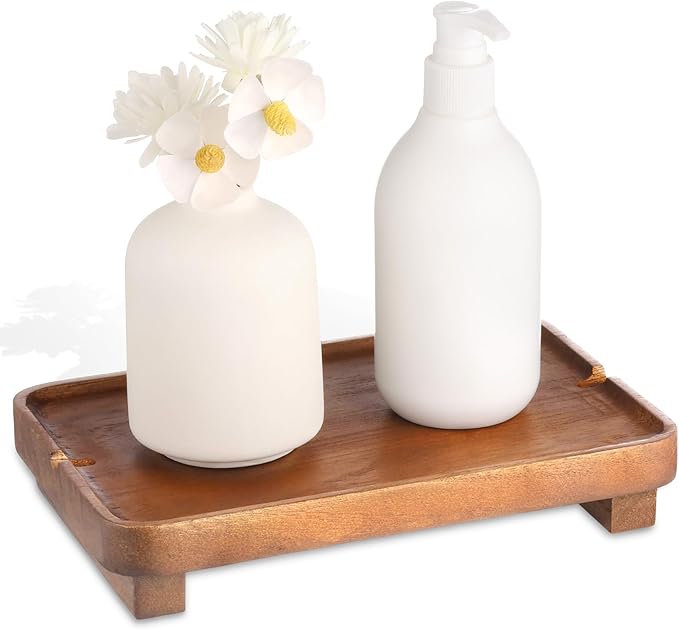 Wood Riser Small Decorative Tray Sink Soap Dish, Vanity Tray Pedestal Stand 9 x 5.9 inches (Light Brown)