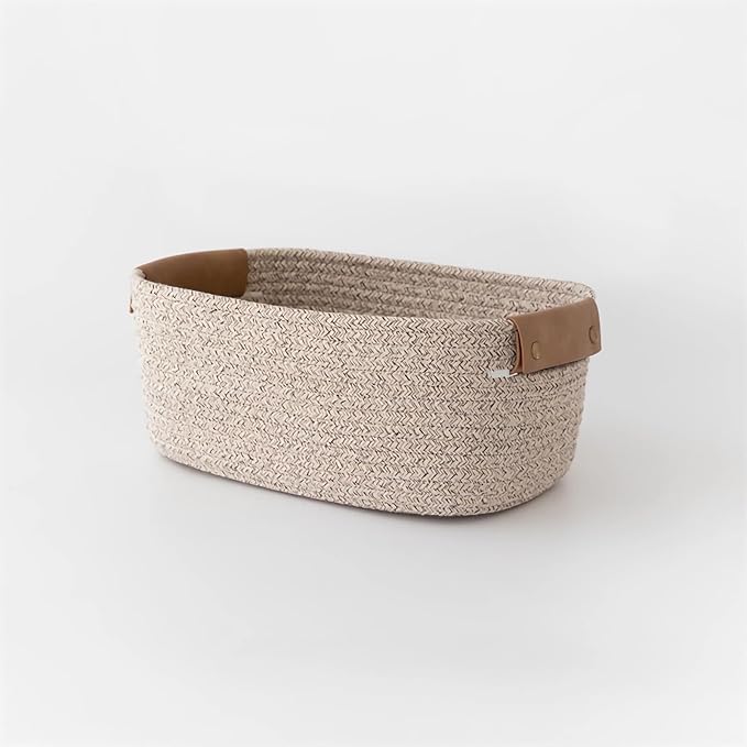 Small Cotton Woven Basket with PU Leather Handle, Baby Kids Clothes Toys Candy Gifts Cotton Rope Organizer, for Living Room Bathroom Shower Storage Laundry, Dog Cat Bed, Fall Basket, Coffee
