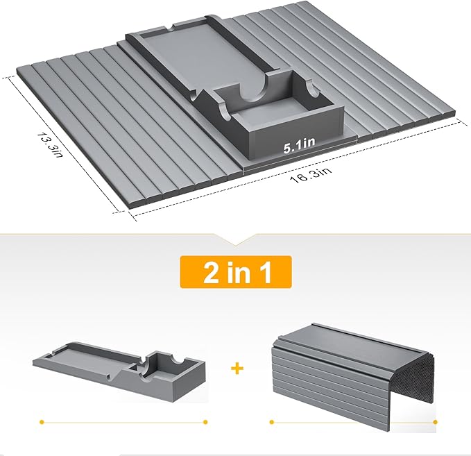 Couch Armrest Table, Sofa Arm Tray with Detachable Couch Cup Holder - 2 in 1 Anti-Slip Foldable Sofa Armchair Caddy Table for Drinks Cellphone TV Remote Snacks (Gray)