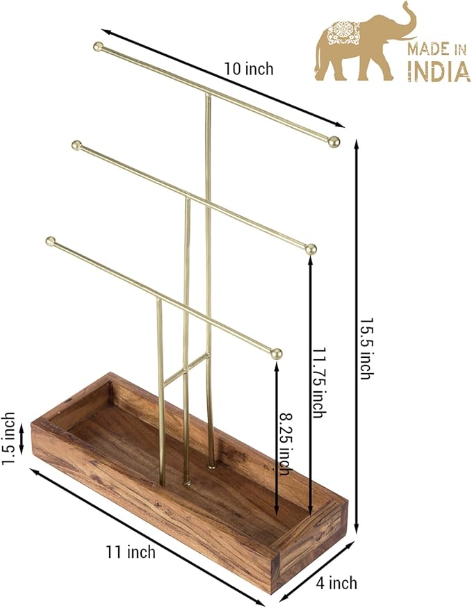 MyGift Handmade 3-Tier Brass Metal Jewelry Tree Organizer Stand and Ring Tray with Solid Acacia Wood Base, T Bar Necklace and Bracelet Display Rack, Handcrafted in India
