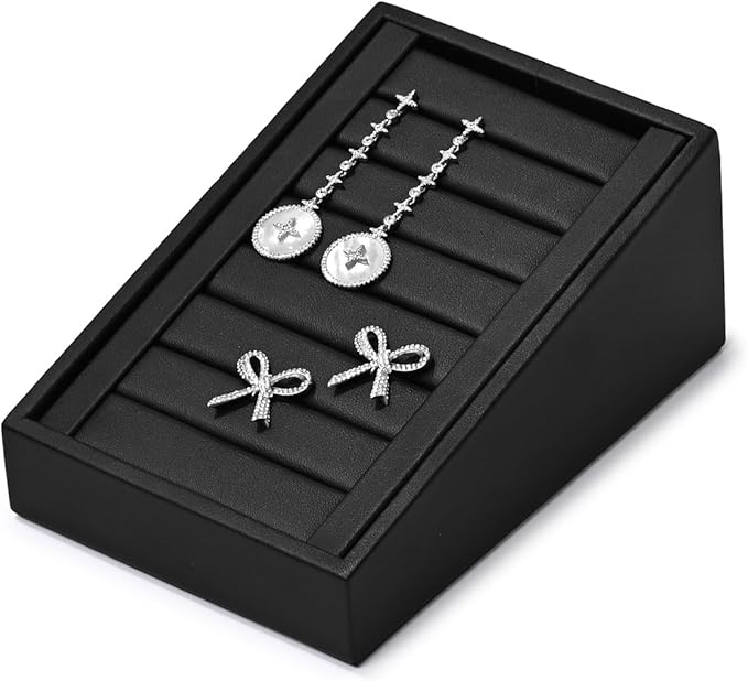 Oirlv Premium PU Leather Ring Tray Display Stand Slotted Ring Showcase Display Jewelry Organizer Jewelry Holder for Trade Show(Black)