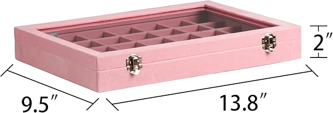 Frebeauty Velvet Jewelry Tray,35 Grid Jewelry Organizer with Clear Lid,Earring Holder Organizer Case with Clasp,Drawer Insert for Rings Studs,13.8 x 9.5 x 2 Inches,Gift for Women Girls(Pink)