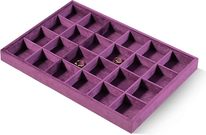 Velvet Stackable Jewelry Display Tray, 24 Grid Earring Ring Storage Tray, Drawer Divider Jewelry Accessories Organizer Plate (Purple)