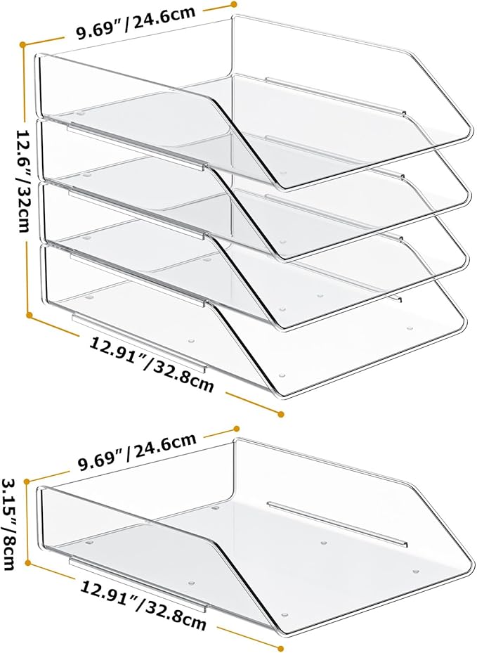 YKLSLH 4 Tier Paper Organizer Letter Tray - Acrylic Stackable Desk File Organizer, Clear Paper Sorter Office Organizer for Letter/A4, Office File Ipad Books Notes Etc