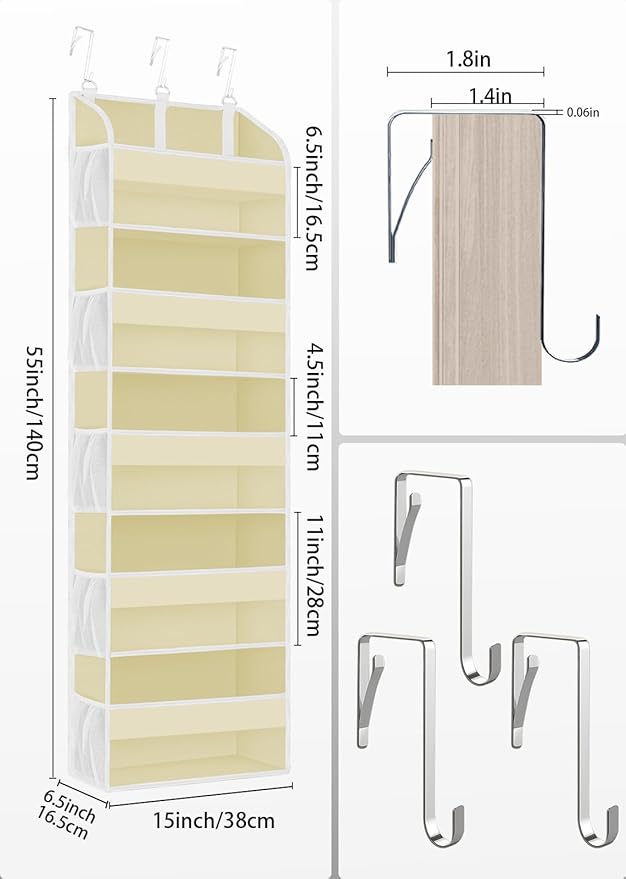 1 Pack Over The Door Storage Organizer with 5 Pockets 10 Mesh Pockets, 44 lbs Weight Capacity Door Hanging Organizers and Storage for Bedroom,Bathroom,Nursery,Kidroom,Babyroom