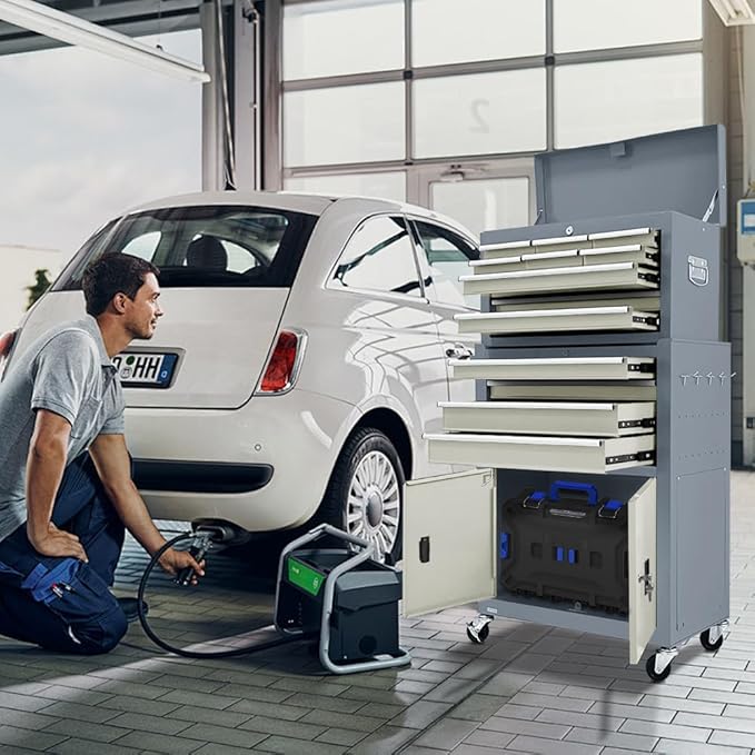 13-Drawer Double Door Rolling Tool Chest, 2 in 1 Detachable Tool Chest,Tool Box with Drawers and Wheels, Large Tool Cabinet with Lock, Metal Standing Toolbox for Garage Workshop-Gray&White