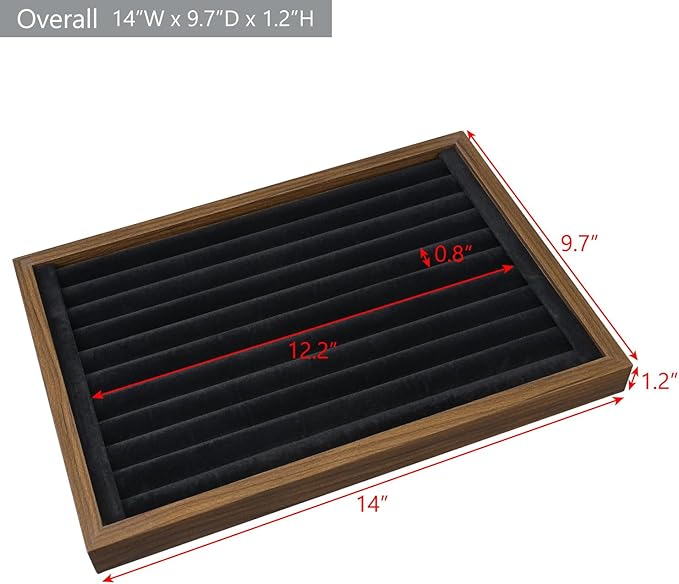 MOOCA 2 Pcs Wooden Ring Display Tray Set with Black Suede Lining, Ring Organizer for Jewelry Storage and Display, Walnut Color, 14W x 9.7D x 1.2H in