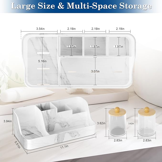 Marble Bathroom Countertop Organizer - Silicone Bathroom Vanity Countertop Organizer - Tooth Brush Organizer With 2PCS Qtip Holder Dispenser - Toothpaste Holder Drainage - Bathroom Essentials