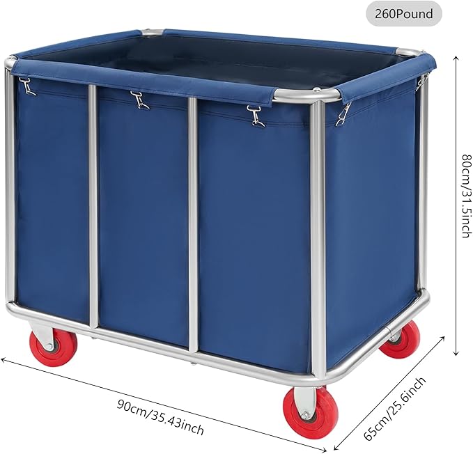 Commercial Laundry Cart with Wheels,Laundry Hamper Cart,Heavy Duty Rolling Laundry Basket with Large Capacity,Laundry Sorter Trolley for Home Hotel Apartment (Blue, 35.43 * 25.6 * 31.5in)