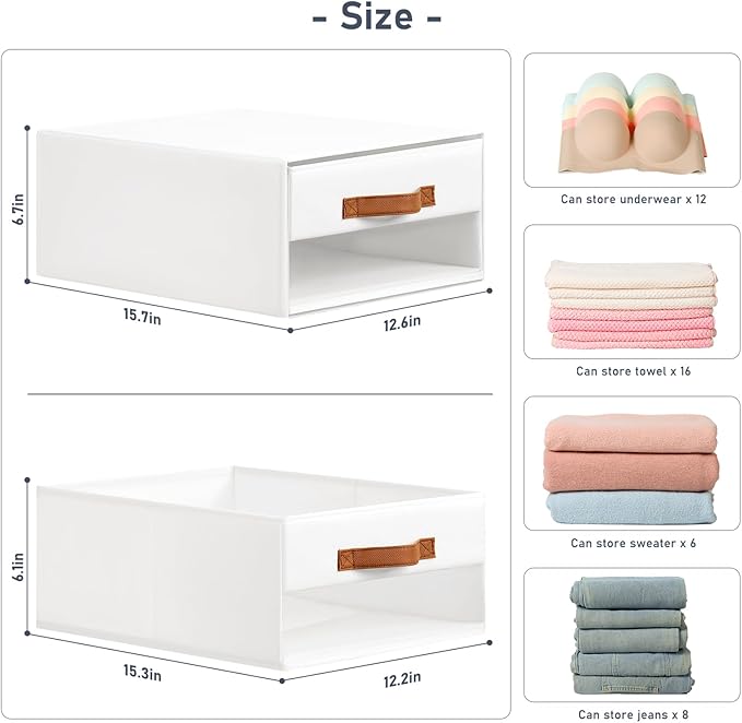 DIMJ Closet Organizers and Storage - Fabric Bins with Drawers for Closet Foldable Clothes Organizers with Clear Window, Stackable Storage Drawers Units for Bedroom, Living Room, 4-Pack, White