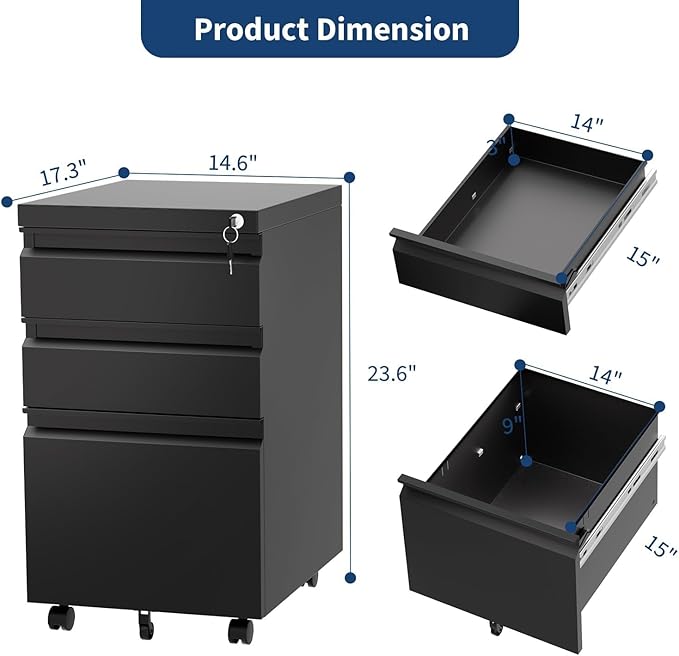 3 Drawer File Cabinet with Lock, Under Desk Metal Mobile Filing Cabinet with Wheels, Small Storage Cabinet for Home Office, Organizer for Letter/Legal/A4 Files, Rolling File Cabinet